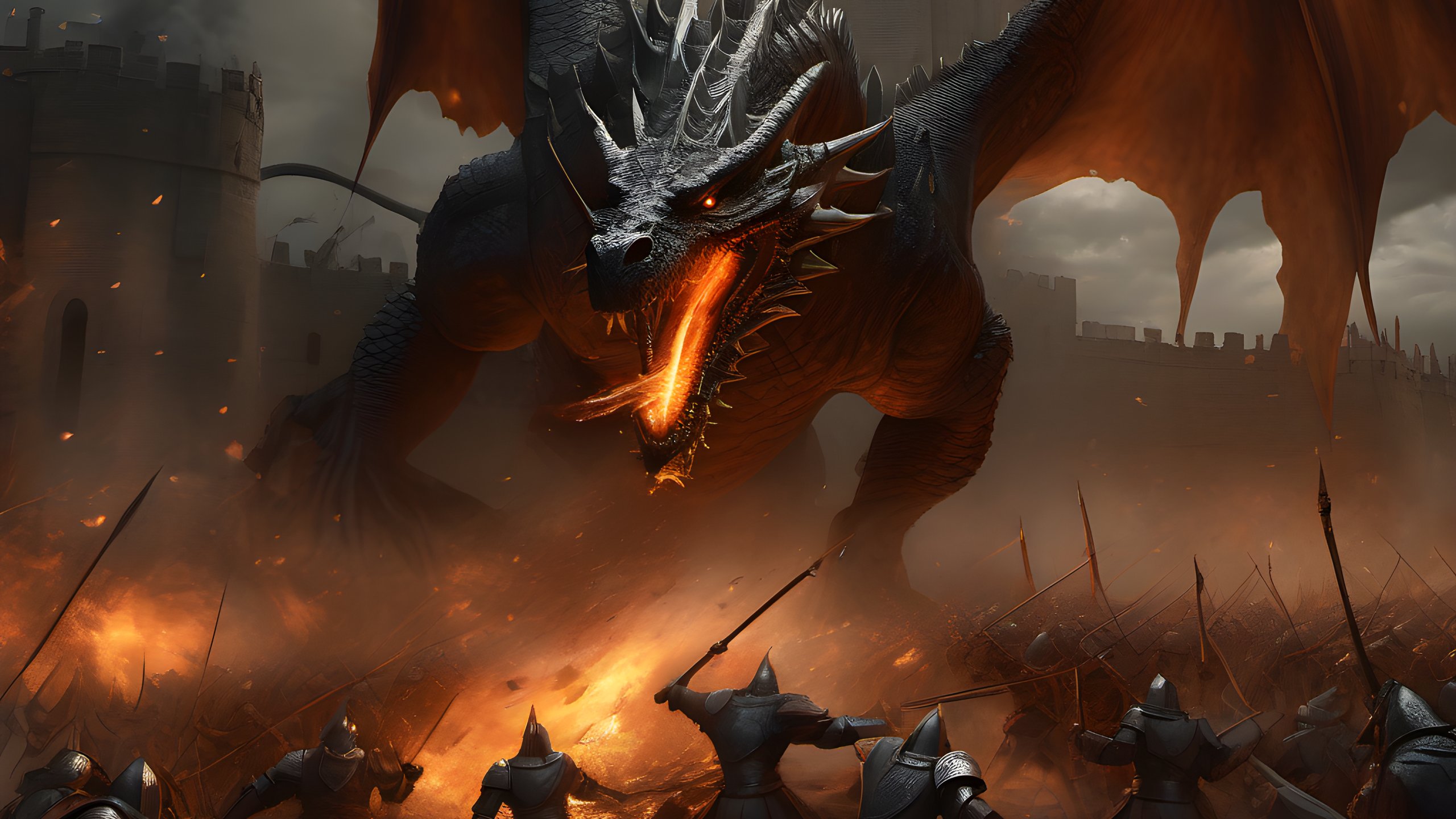 A dragon besieging a castle amid a battle