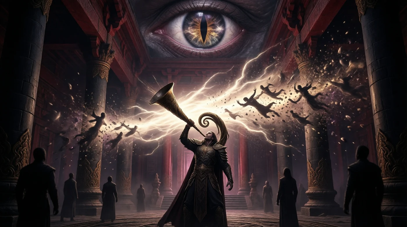The Temporal Horn raised in the Temple of Blood, time unmaking the room