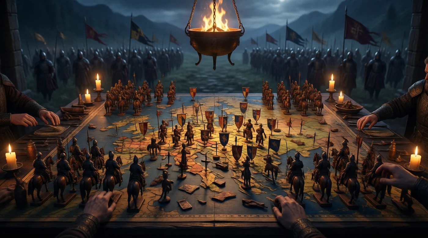A war table where rival houses move armies across the map of Tyria