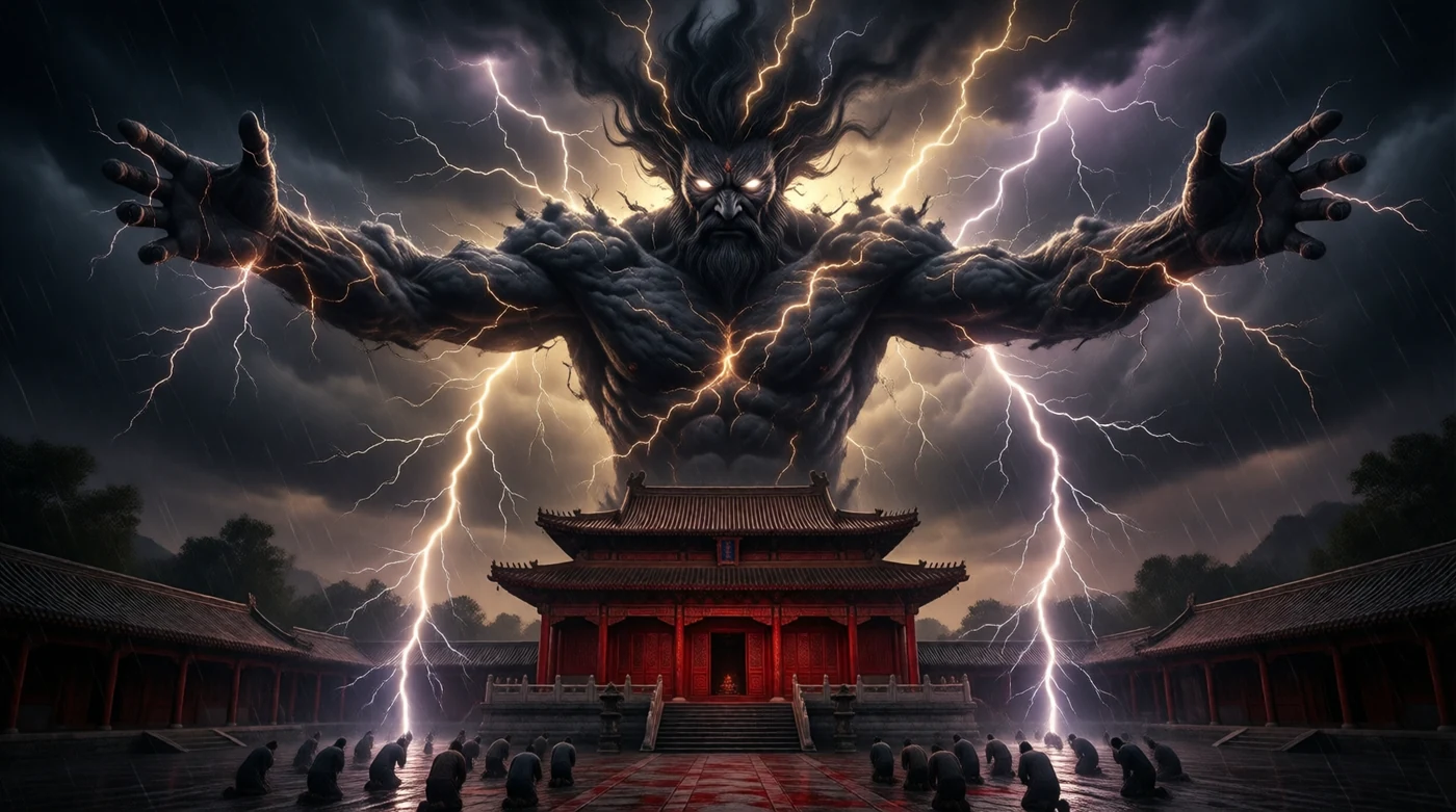 Baal, a storm god towering over his blood-red temple