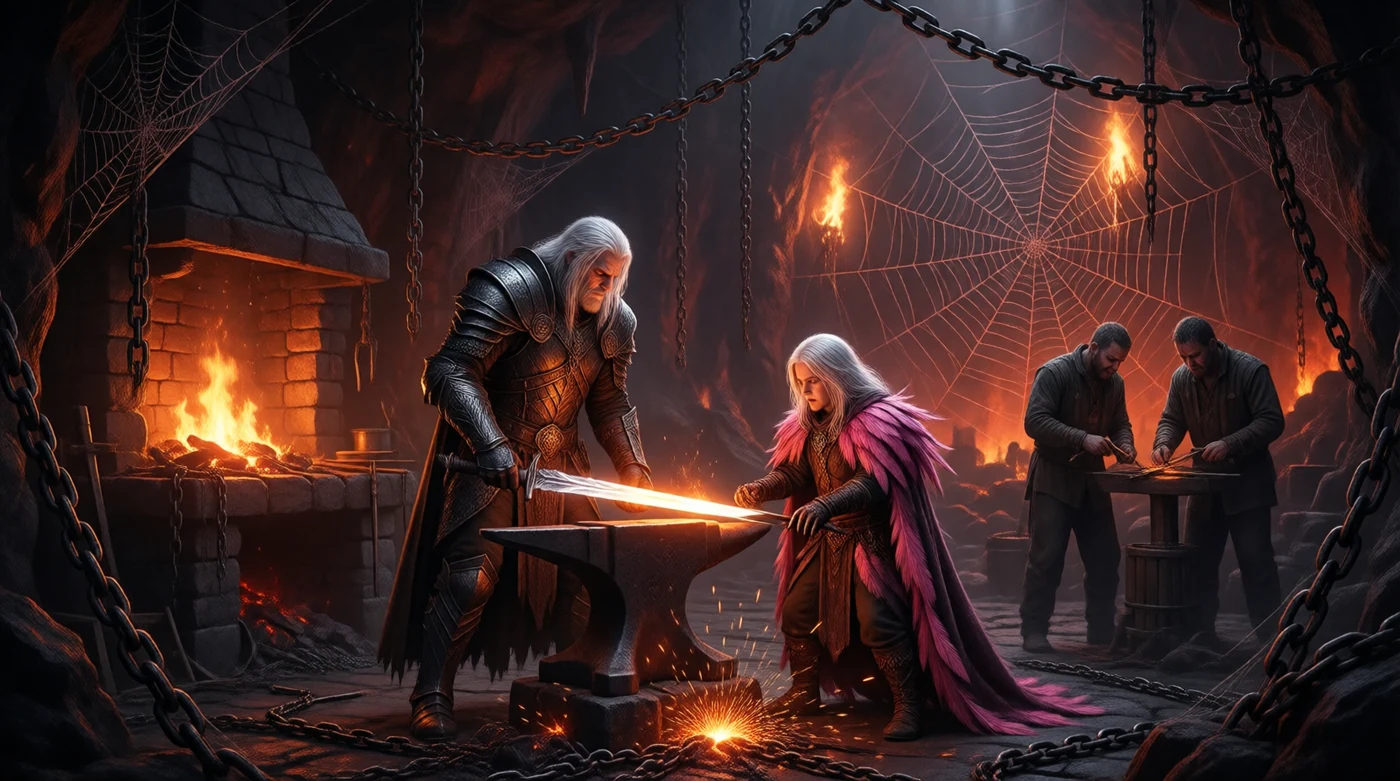 Two figures forging a white-hot blade in a hellish smithy hung with broken chains