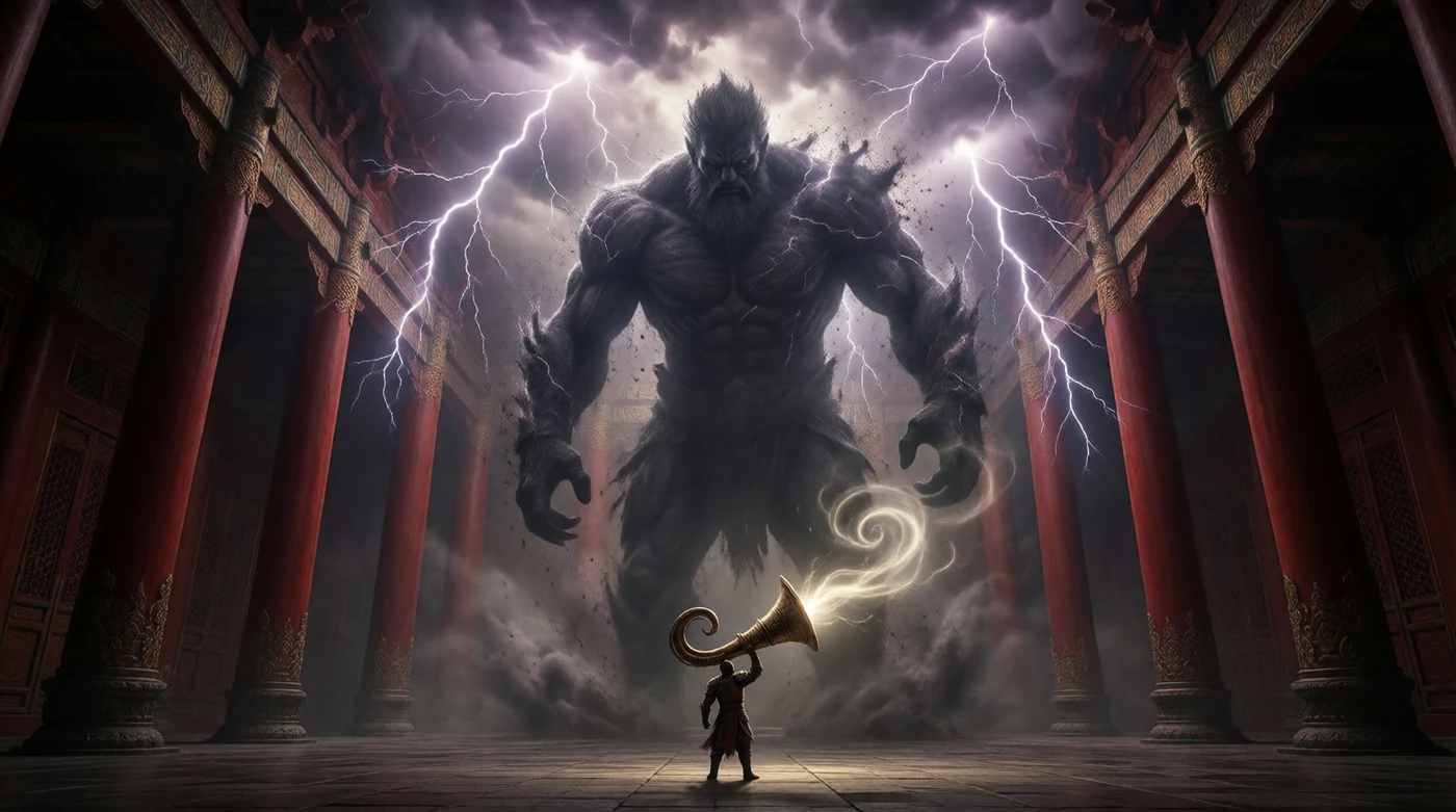 The storm god unmade as a horn is raised beneath him